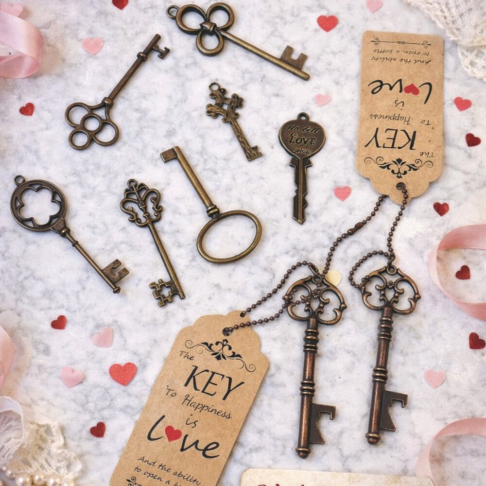 Set of 10 Vintage-Style Metal Skeleton Keys | Valentine & Galentine Party Favors